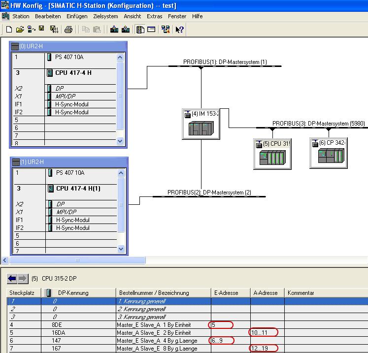 6 S7-Programm des DP-Master In diesem Beispiel sind folgende E/A-Datenbereiche für den Zugriff auf den DP- Slave CPU315-2DP konfiguriert (siehe Abbildung 6-3 und Tabelle