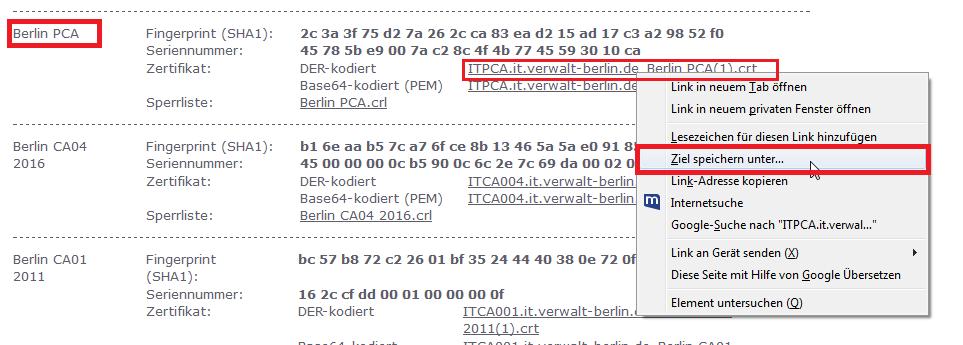 2. Weiter unten finden Sie die Stammzertifikate Berlin PCA2 bzw. Berlin PCA mit dem Dateinamen ITPCA2.it.verwalt-berlin.de_Berlin PCA2(2).crt und ITPCA.it.verwaltberlin.