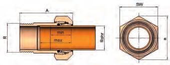 310.00.0328 32 1 1/4" x 35 04.310.00.0435 40 1 1/2" x 42 04.310.00.0542 50 2" x 54 04.310.00.0654 Abmessungen und Gewichte Anschlussgewin de R ISO 7/1 Kupferrohr Rohraußen-Ø Gewicht [ g ] Baulänge ~A Schlüsselweite ~SW Eckenmaß ~e Einschubtiefe min.