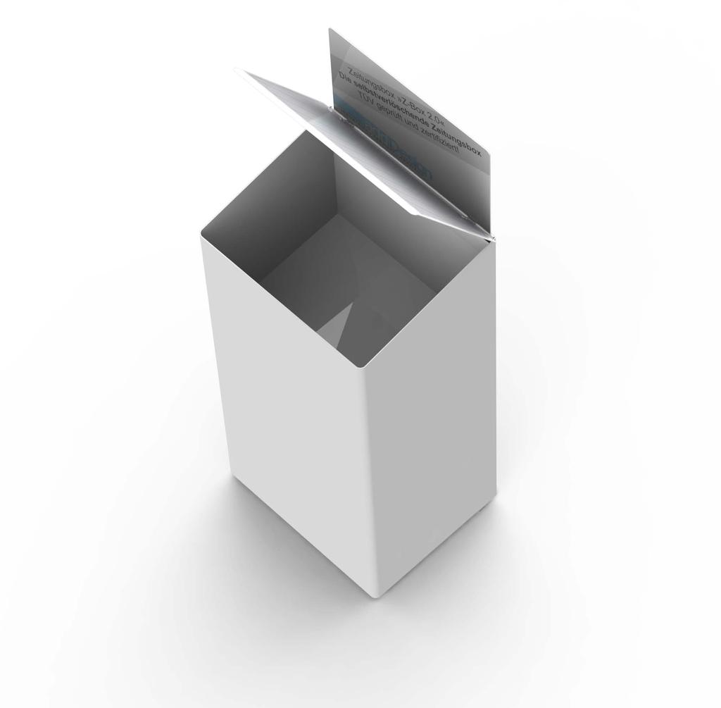 Zeitungsbox Version 2.0 (selbstverlöschende Variante) Den Deckel gibt es in zwei Varianten: 1. Aus beschichtetem Aluminiumblech mit Griffwinkel vorne als Standarddeckel 2. Wie 1.
