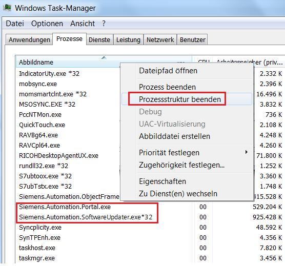 3 Szenario 3 3.1 Siemens-Prozesse im Task-Manager beenden und die Ablage der Datei PortalPackageInstaller.exe prüfen. 1. Öffnen Sie den Windows Task-Manager und wechseln Sie in das Register Prozesse.