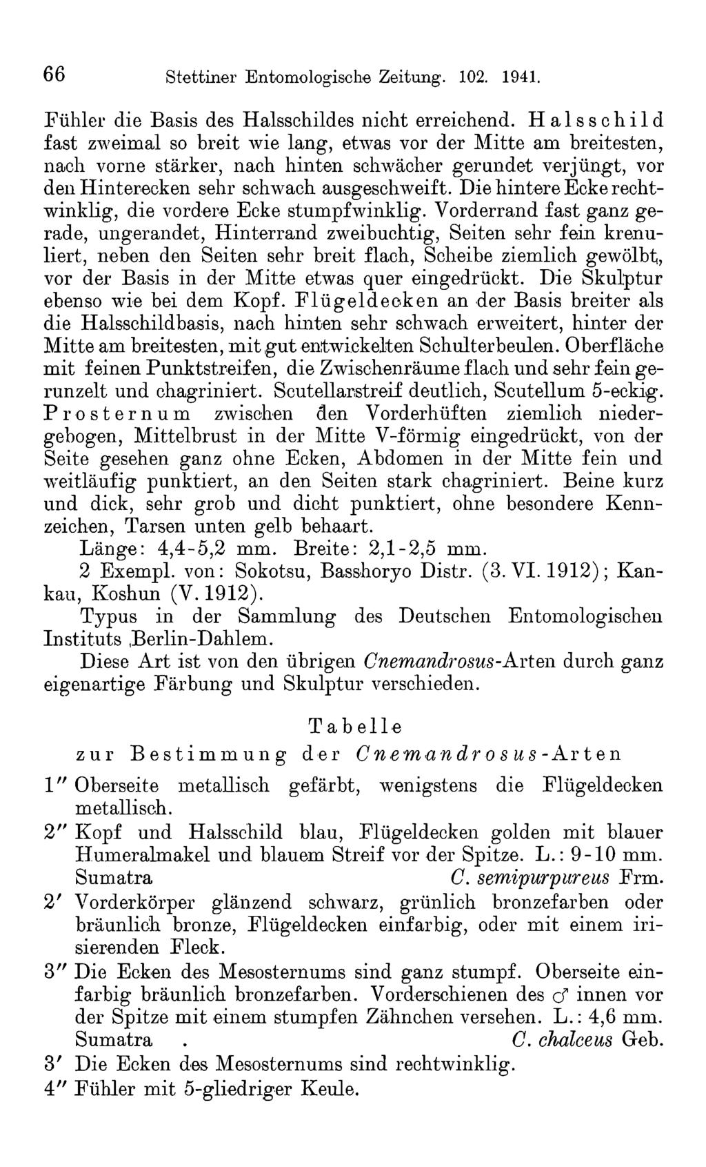 66 Stettiner Entomologische Zeitung. 102. 1941. Fühler die Basis des Halsschildes nicht erreichend.