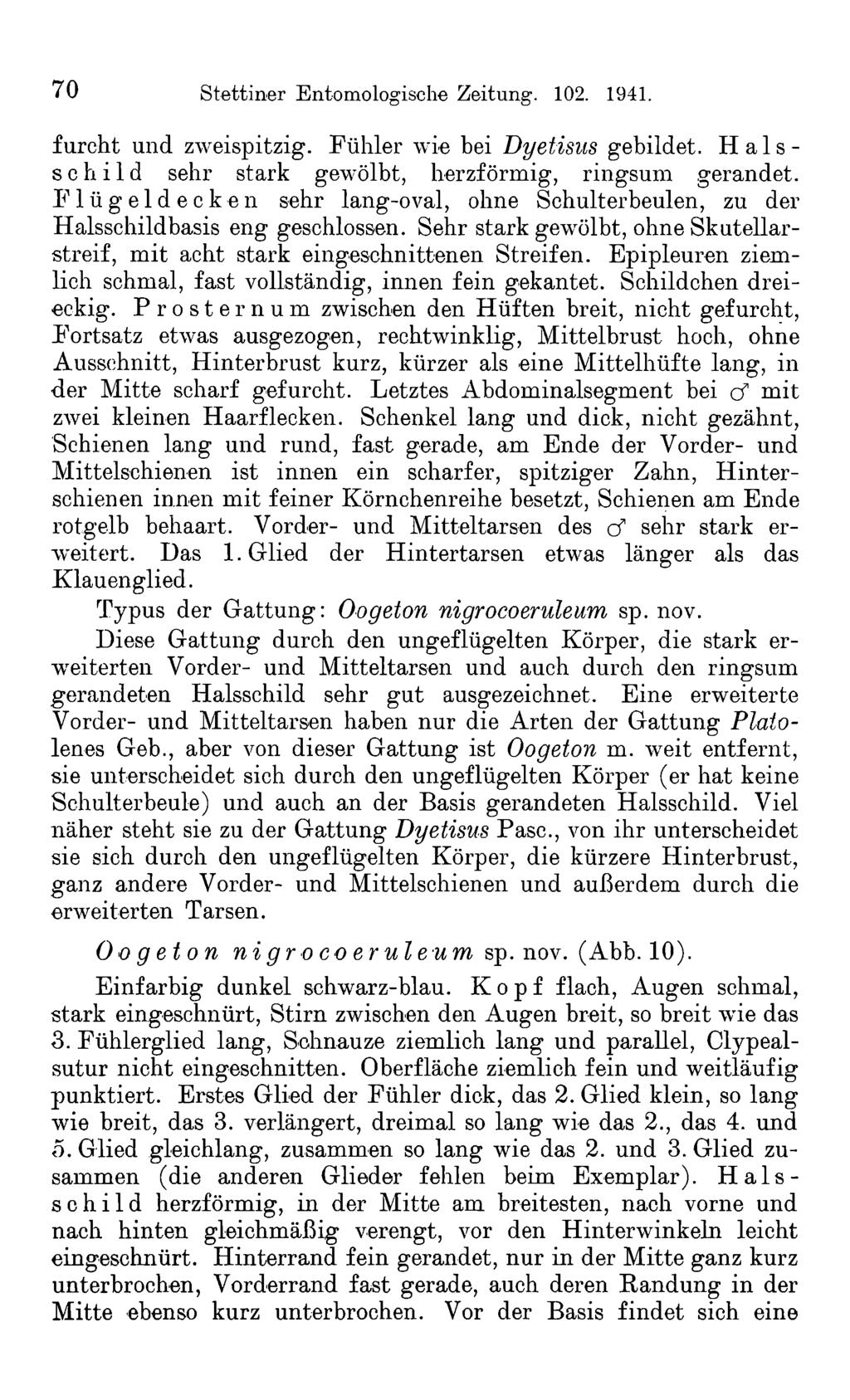 70 Stettiner Entomologische Zeitung. 102. 1941. furcht und zweispitzig. Fühler wie bei Dyetisus gebildet. Halsschild sehr stark gewölbt, herzförmig, ringsum gerandet.