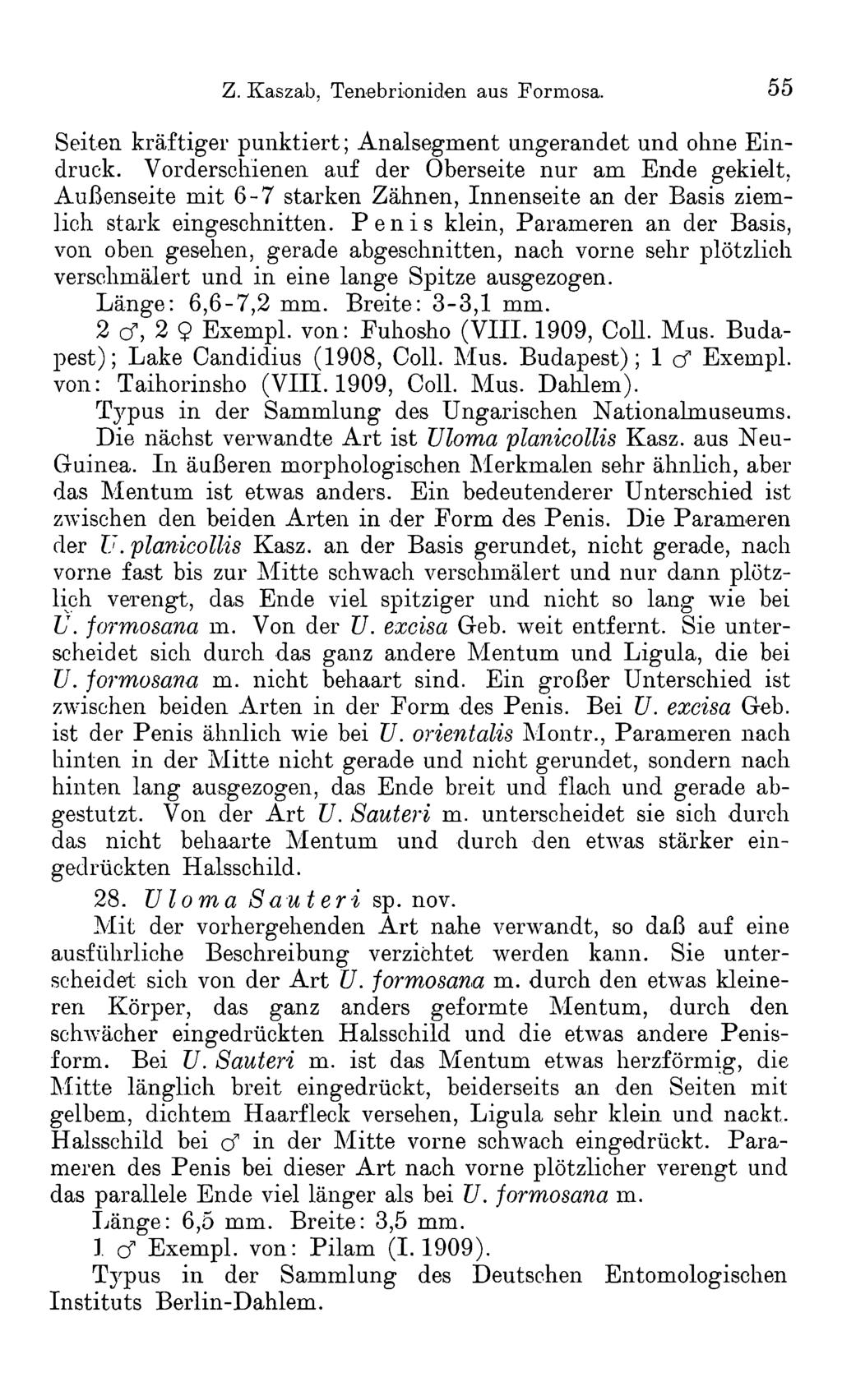 Z. Kaszab. Tenebrioniden aus Formosa. 55 Seiten kräftiger punktiert; Analsegment ungerandet und ohne Eindruck. Vorderschienen auf der Oberseite nur am Ende gekielt.