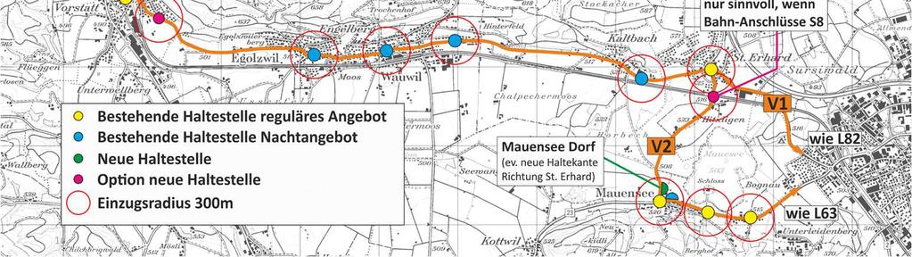 Bemerkungen zur Haltestelle Mauensee Dorf Variante V2 In Fahrtrichtung Sursee kann die bestehende Haltekante der Linie 60.063 angefahrenund bedient werden.