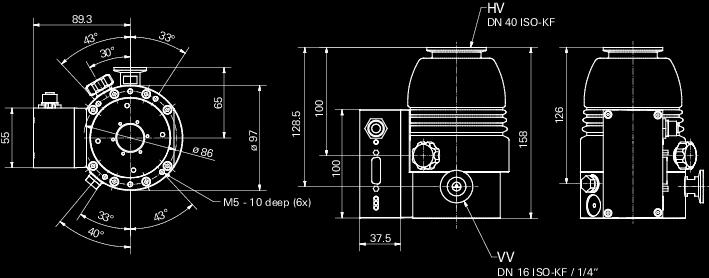 ISO-KF/G ¼" Anschlussflansch (Eingang) DN 40 ISO-KF Antriebselektronik mit TC 110 Betriebsspannung: V DC 24 (± 5 %) V DC Drehzahl ± 2 % 90.000 rpm 90.