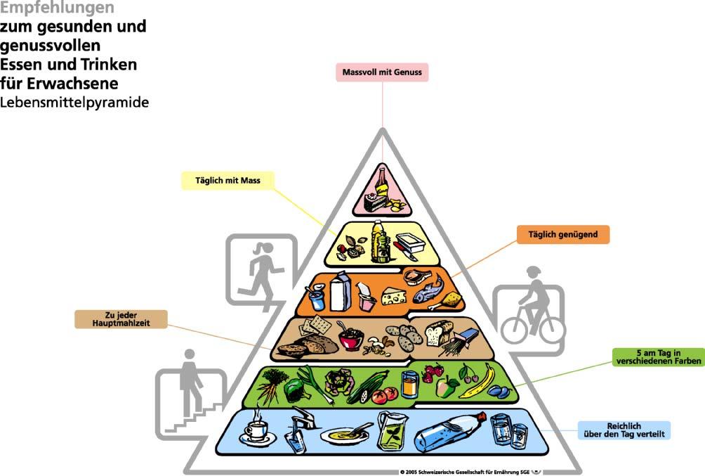 Die Ernährungspyramide der Schweizerischen Vereinigung für Ernährung stellt eine einfache Checkliste der Ernährungsempfehlungen dar: Lebensmittelpyramide Copyright: Schweizerische Gesellschaft für