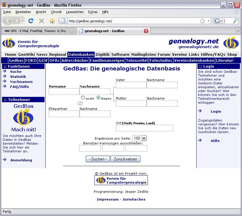 Die genealogische Datenbasis (GedBas) Import von GEDCOM Dateien Datenschutz: Alle Personen, die vor weniger als 100 Jahren