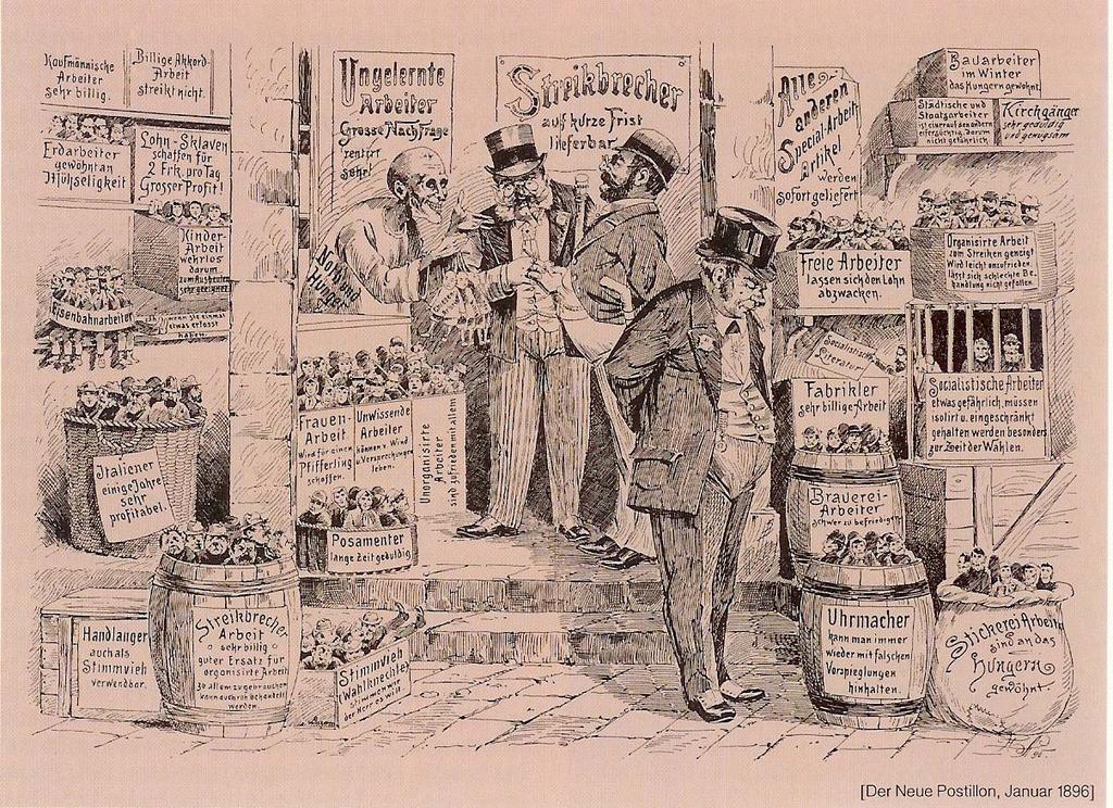 2. Interpretieren Sie die untenstehende Karikatur mit dem Titel Der Arbeitsmarkt, welche 1896 im Postillion (Schweizer Zeitschrift) abgedruckt wurde. Was wird wie dargestellt?