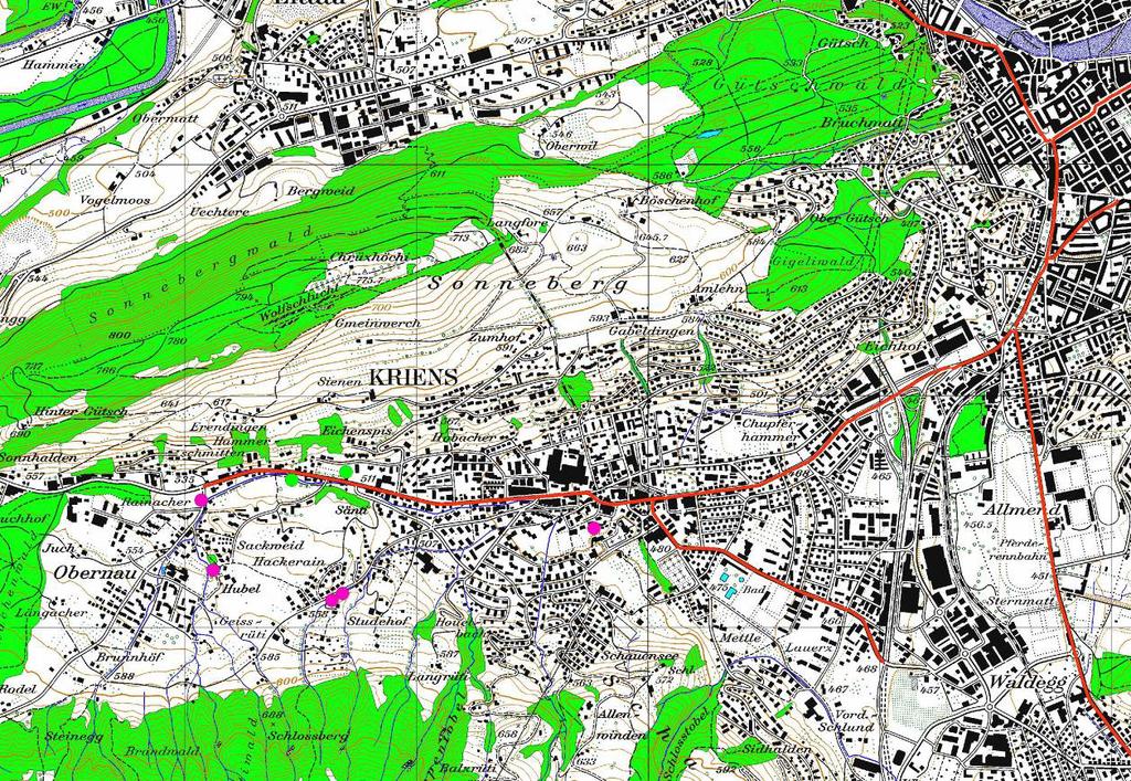 Kurzbericht Durchgangsstrasse K4A 4 Abbildung 3: Oberflächengewässer im Bereich der K4A (LK 1:25'000) Im östlichen Abschnitt des Segmentes befindet sich südlich der Kantonsstrasse der Chrienbach.