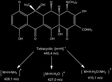 6 Ergebnisse und Diskussion 58 Bei der Fragmentierung der Tetracycline werden unspezifische Moleküle wie Wasser und Ammoniak abgespaltet. In Abb.