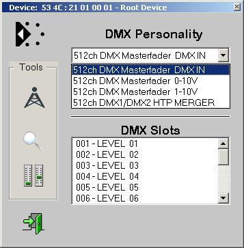 - als DMX Multiplier mit DMX512 Steuereingang (DMX CTL) (default) - als DMX Multiplier mit 0-10V Steuereingang - als DMX Multiplier mit 1-10V Steuereingang - als DMX Merger (HTP) Grundsätzlich