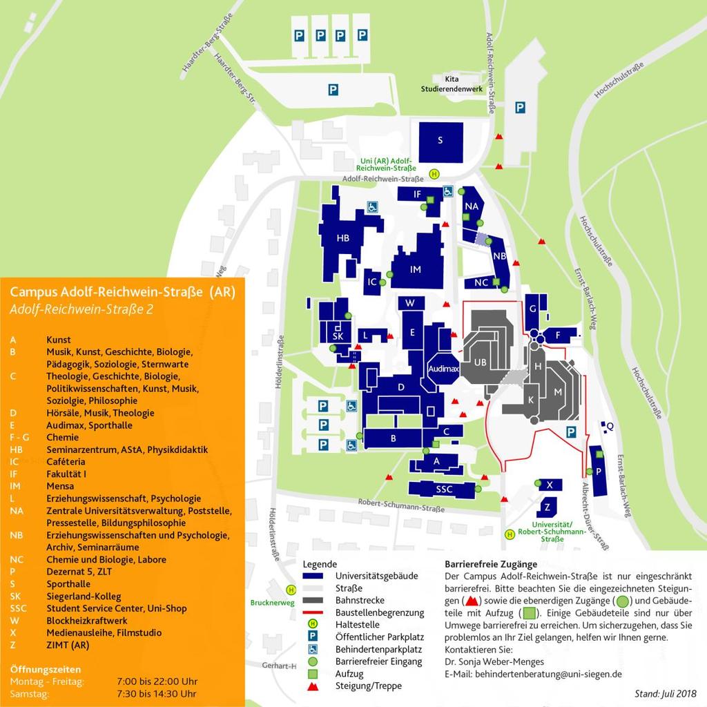 1.2. Uniführung Das Wo-Ist-Was des Adolf-Reichwein-Campus der Universität Siegen: Nebst des Plans und der Legende hier noch einmal die wichtigsten Gebäude mit ihren für euch wichtigsten Funktionen:
