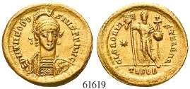 Gepanzerte Büste von vorn mit Schild und Speer DN THEODOSIVS PF AVG / IMP XXXXII COS XVII PP CONOB Thronende Constantinopolis l.