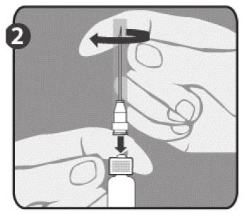 Anbringen der Nadel (diese Anleitung gilt sowohl für die grüne als auch für die orangefarbene Nadel): Schritt 1: Drehen Sie die Kappe