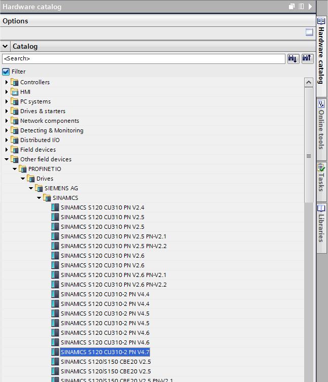 Abbildung 2-3 Auswahl des SINAMICS S120 im Hardwarekatalog des TIA Portals Danach muss der eingefügte Antrieb mit der gleichen Telegrammkonfiguration versehen werden, wie