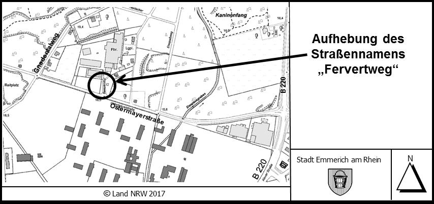 2. Aufhebung des Straßennamens Fervertweg Der Rat der Stadt Emmerich am Rhein hat in seiner Sitzung am 07. November 2017 die Aufhebung der Straßenbezeichnung Fervertweg beschlossen.