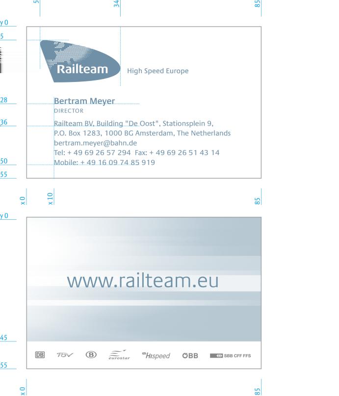 Visitenkarten Die Railteam-Visitenkarten sind beidseitig bedruckt und enthalten Angaben zur Railteam-Firmierung sowie das Railteam-Logo auf der Vorderseite.