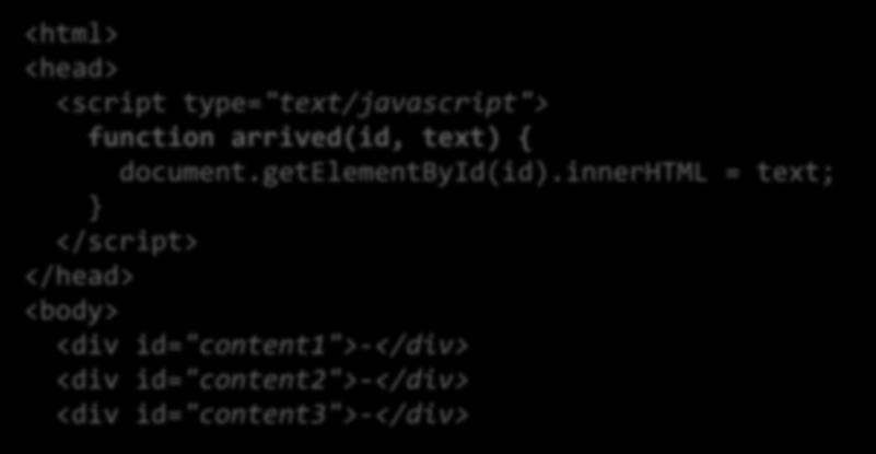 BigPipe II <html> <head> <script type="text/javascript"> function arrived(id, text) { document.getelementbyid(id).