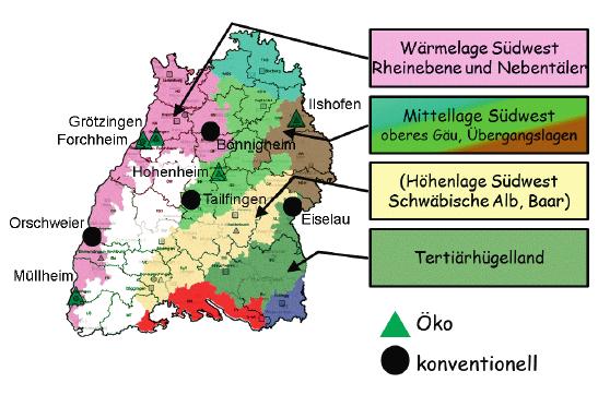 Pflanzen- und Tierproduktion Abbildung 1 Boden-Klima-Räume und ausgewählte Standorte der Landessortenversuche in Baden-Württemberg.