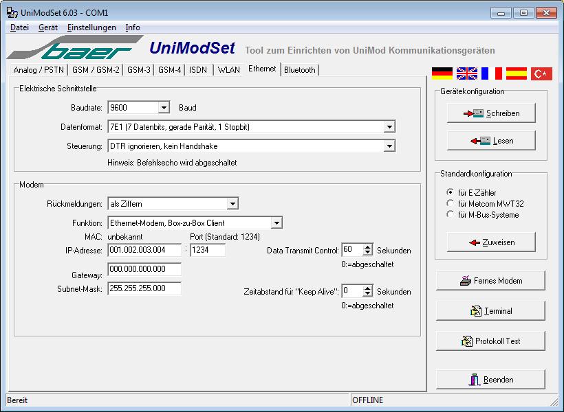 7.1 Parametrierung mit der Parametrier-Software UniModSet Abbildung 3: Parametrier-Software UniModSet Nach dem Programmstart bitte zuerst die Registerkarte "Ethernet" anwählen.