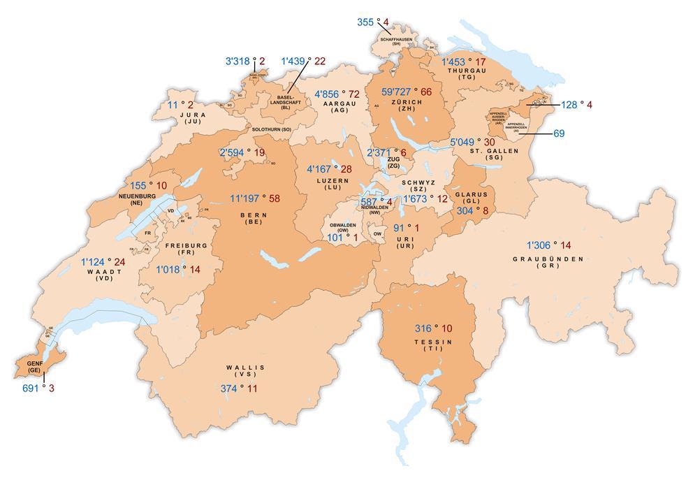 zer Karte dargestellt. Die erste Zahl (Blau) entspricht der Anzahl Besuche in diesem Kanton.