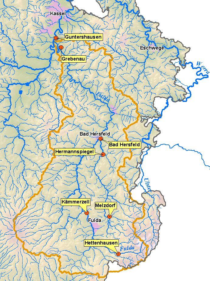 Fuldagebiet Bild 22: Übersicht Fuldagebiet Die erste Hochwasserwelle im Mittelund Unterlauf der Fulda war deutlich höher aus als die zweite, beide Male wurden Hochwassermeldestufen überschritten.