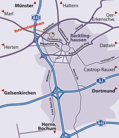 Anreise mit dem Auto: A2 und A43 (in Richtung Münster) Nach dem Autobahnkreuz Recklinghausen (A2/ A43) die Ausfahrt Recklinghausen auf der A43 wählen. An der 1.