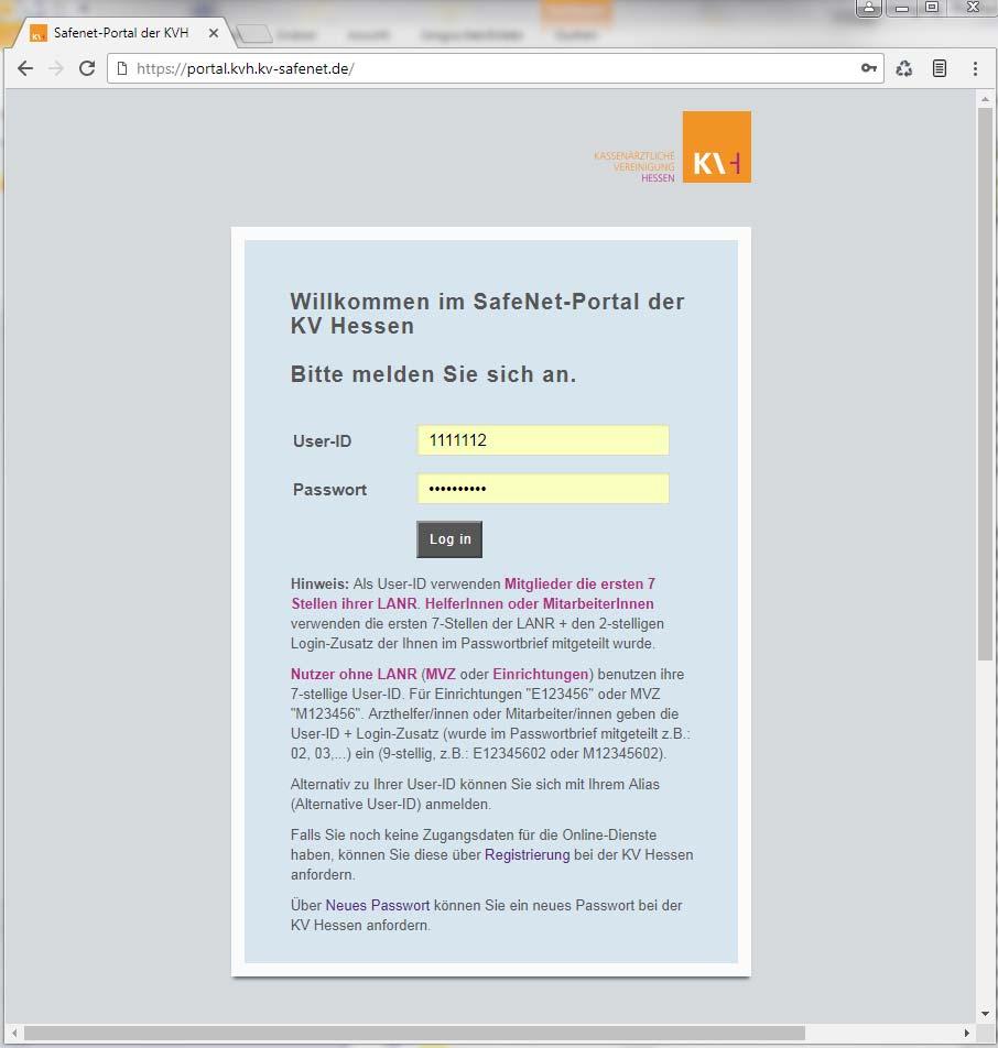 2 Login zum SafeNet-Portal der KV Hessen Die URL https://portal.kvh.kv-safenet.