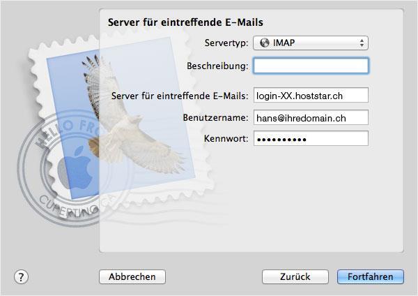 Server für eintreffende E-Mails Beschreibung: Die Beschreibung des Posteingangsservers kann frei gewählt werden. Servertyp: Wählen Sie «POP3» oder «IMAP» aus.