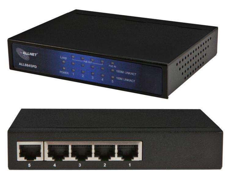 ALLNET ALL-SG8205PDM / managed 5 Port Gigabit PoE Switch, davo EAN CODE 4 0 3 8 8 1 6 0 6 1 4 5 4 4-port 10/100/1000Mbit/s Gigabit Ethernet Switch mit 1x PoE Eingang (802.3at) und 4 xpoe Ausgabe (802.