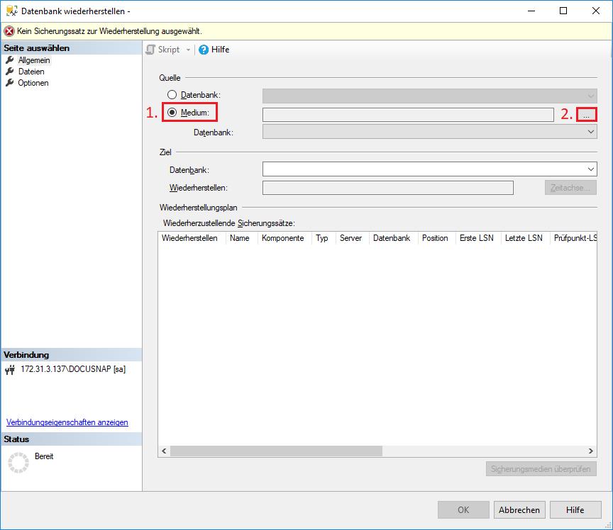 Im Assistenten wechseln Sie von Datenbank auf Medium. Nun haben Sie die Option per Klick auf den Button mit den drei Punkten den Wiederherstellungspfad anzugeben.