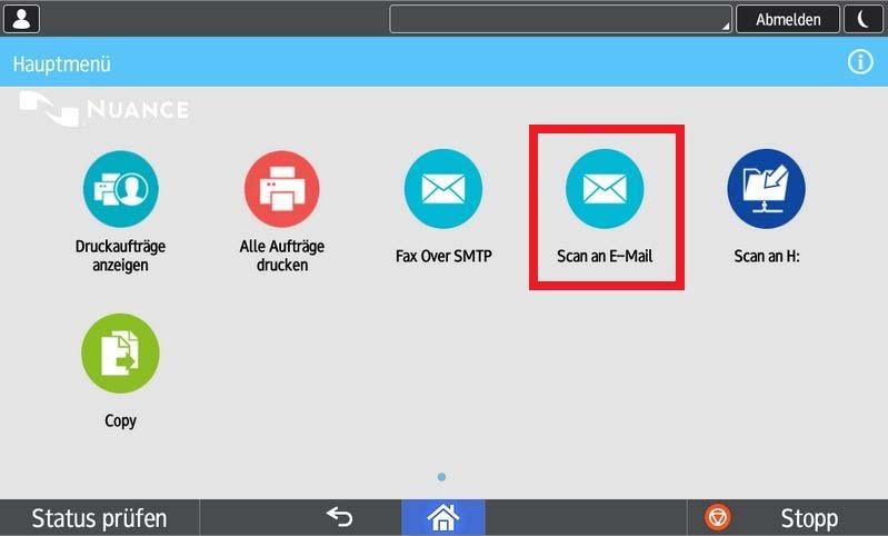 Anleitung zum Verwenden der Scan an E Mail Funktion Mit den Ricoh Kopiergeräten Lesegerät und drücken auf dem Display auf den