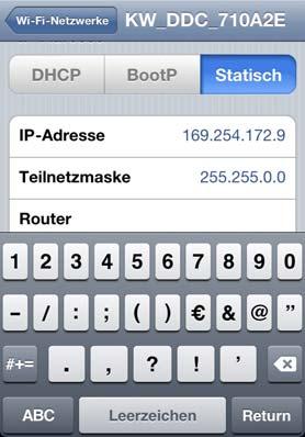 Example: KW_DDC_710A2E Select function "auto connect" in the advanced WLAN settings IOS 12 Für eine schnelle automatische Verbindung muss die IP
