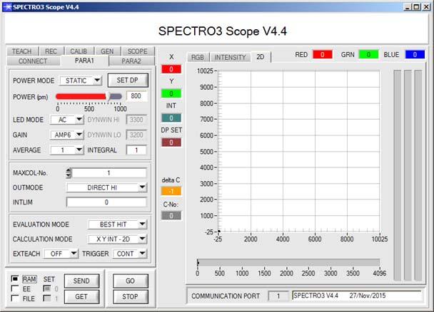 Parametrisierung Windows -Bedieneroberfläche: Die Parametrisierung des Farbsensors erfolgt unter Windows mit Hilfe der Software SPECTRO3-Scope.