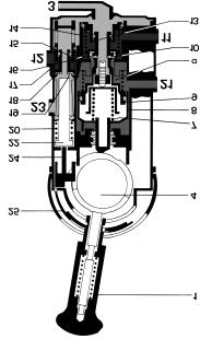 Da der Einlass (10) des Ventilkörpers (13) geöffnet ist, strömt die Druckluft in den Raum (a) und gelangt dann zum Anschluss (21) des Handbremsventils.