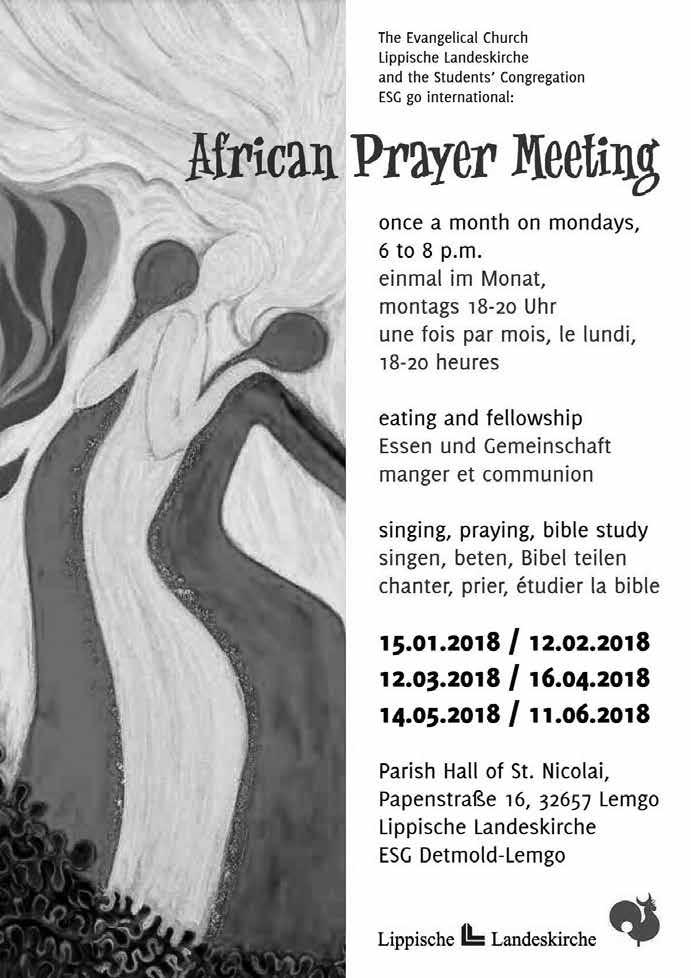 INTERNATIONALE GEMEINDEARBEIT African Prayer Meeting Internationale Gemeindearbeit jetzt auch in Lemgo Christinnen und Christen feiern Gottesdienst, singen und beten in ganz unterschiedlichen Formen.