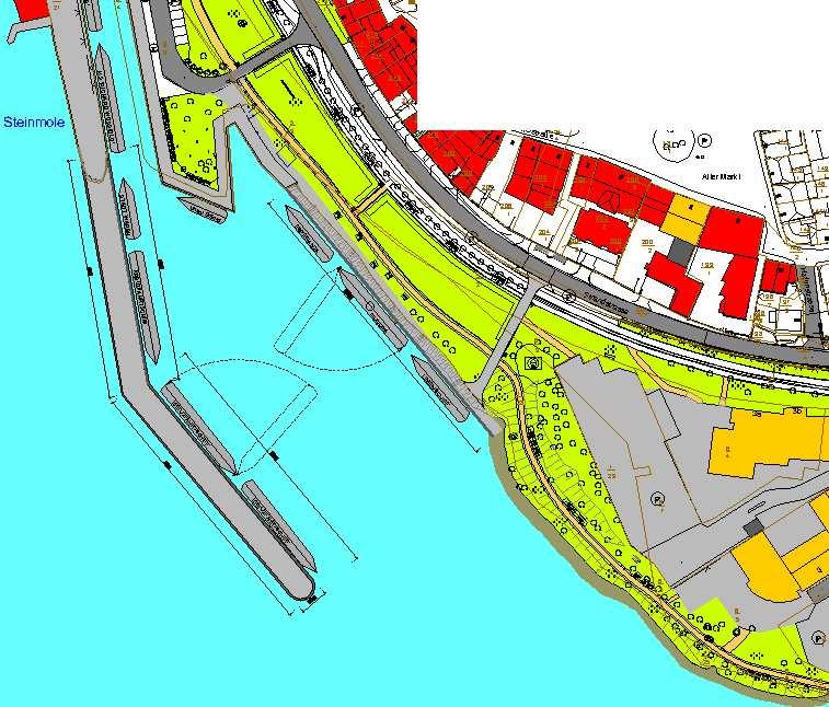 5.1.2 Variante 1.2 Ausbau Hafen Steinmole Verlängerung Mole West Bei dieser Variante wird die Flucht des westlichen Kais aufgenommen und die westliche Mole um etwa 180 m verlängert.