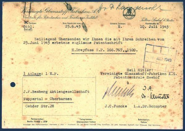 Eine Aktennotiz aus dem damaligen Forschungszentrum Teltow-Seehof über die Versendung eines Patents vom 23. Juni 1943 von der Patentzentrale Seehof an die J.P Bamberger AG nach Wuppertal.
