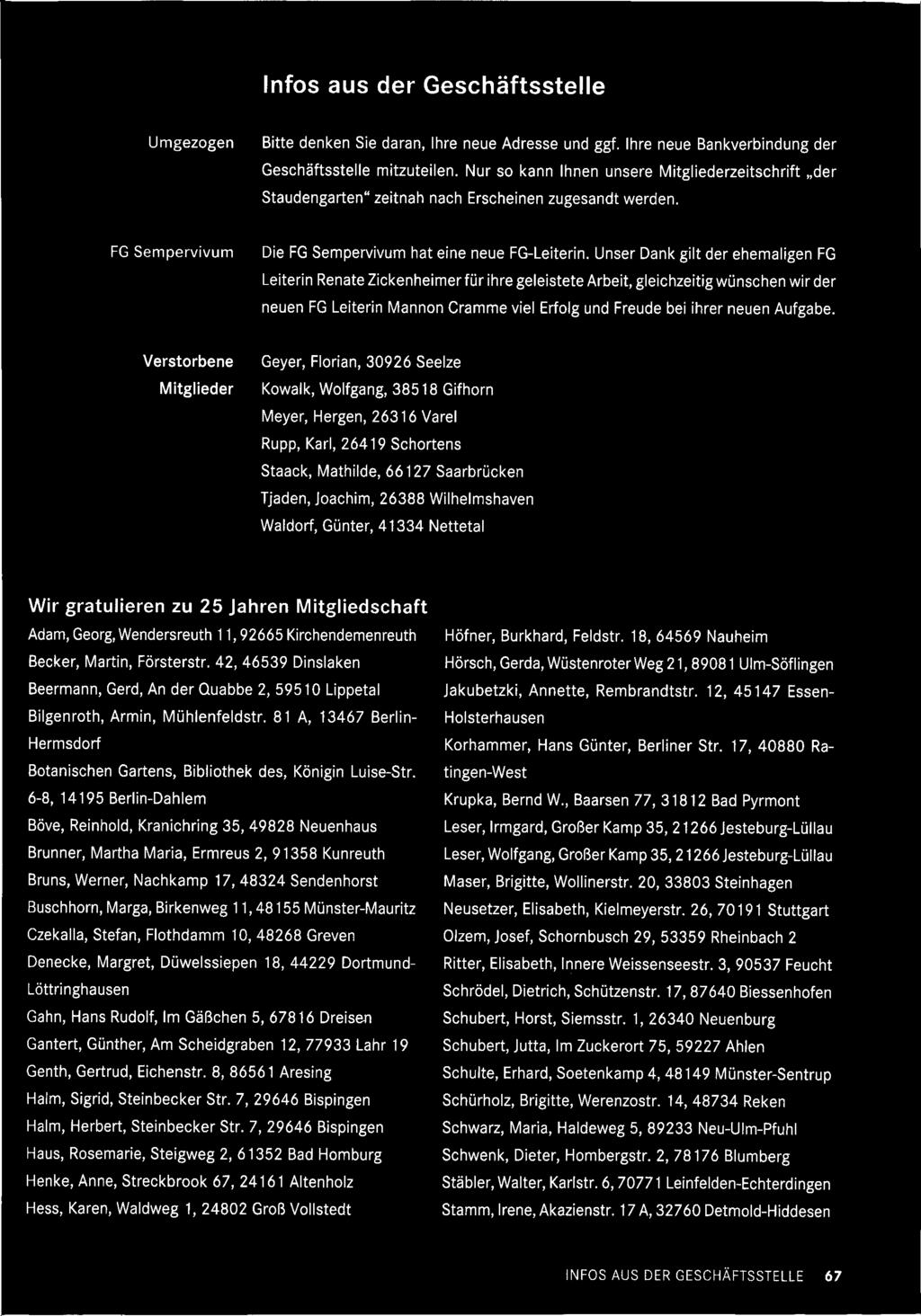 Wilhelmshaven Waldorf, Günter, 41334 Nettetal Wir gratulieren zu 25 Jahren Mitgliedschaft Adam, Georg, Wendersreuth 11, 92665 Kirchendemenreuth Becker, Martin, Försterstr.
