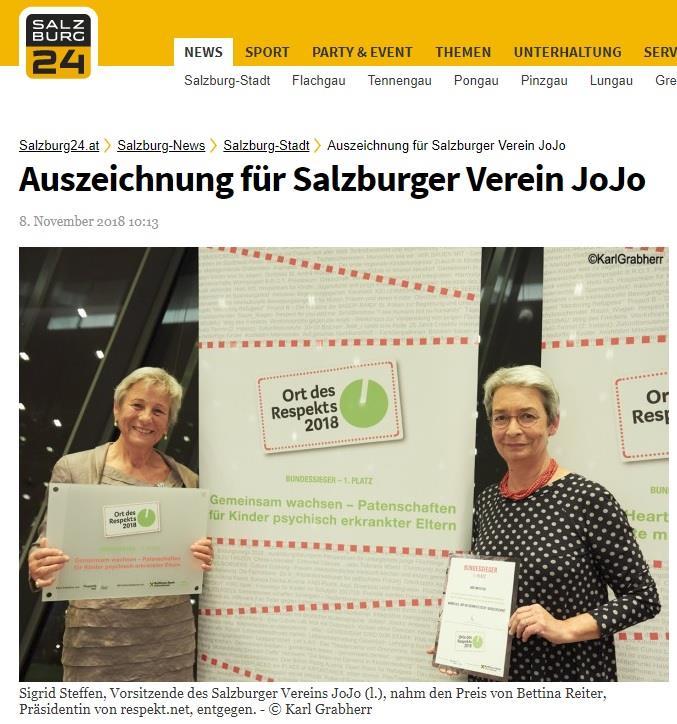 salzburg24.at, 08.11.2018 Der Salzburger Verein JoJo hat den österreichischen Wettbewerb Orte des Respekts gewonnen. Der Preis wird im Zweijahresrhythmus von der Crowdfunding-Plattform respekt.
