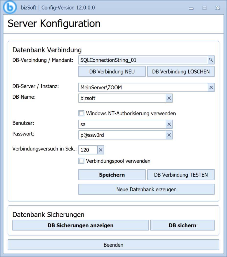 Ist auf Ihrem Server bereits ein Microsoft SQL Server ab 2012 installiert, oder möchten Sie eine andere Datenbank Instanz verwenden, dann muss zusätzlich die bizsoft Server-Konfiguration wie folgt