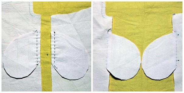 Step3: Tasche und Rockteil/Pocket and Skirtpart Einen Taschenbeutel markierungsgemäß rechts auf rechts auf den Vorderrock legen, stecken und
