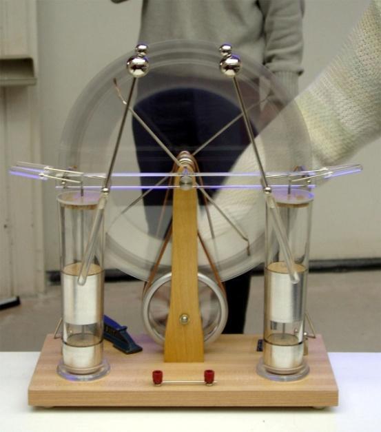 Beispiel: Die Influenzmaschine nach J. Wimshurst (1878) besteht aus zwei nichtleiten Scheiben (zb. Acrylglas), die gegeneinander rotieren.