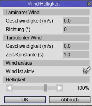 2 Das Menü 2.2 Konfiguration 2.2.6 Wind/Helligkeit Der Wind in HELI X setzt sich aus zwei Anteilen zusammen: Der laminare Wind ist ein stetiger Wind mit konstanter Geschwindigkeit und Richtung, die jeweils eingegeben werden können.