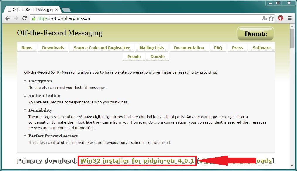 4.2 OTR Plugin Um OTR zu nutzen muss Pidgin mit Hilfe eines Plugins erweitert werden. 4.2.1 Installation Das Installations-Setup für das Plugin kann direkt von der Webseite der OTR-Entwickler https://otr.
