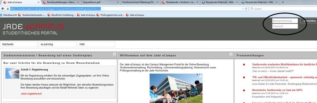1. Login Hauptseite des Jade ecampus (https://ecampus.jade-hs.