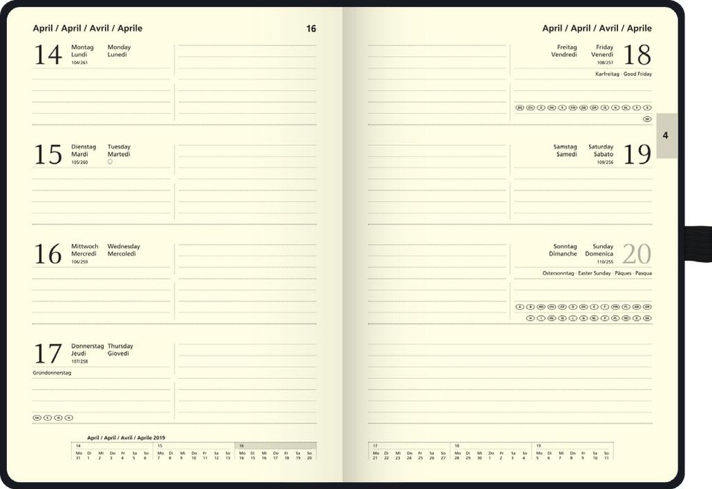 Buchkalender Modell 791 66 Kompagnon 14,8 x 21,0 cm Kalendarium 2 Seiten = 1 Woche D/GB/F/I einfarbig dunkelgrau 144 Seiten Fadenheftung, Gummizug und Stiftschlaufe (), Einstecktasche, runde Ecken,