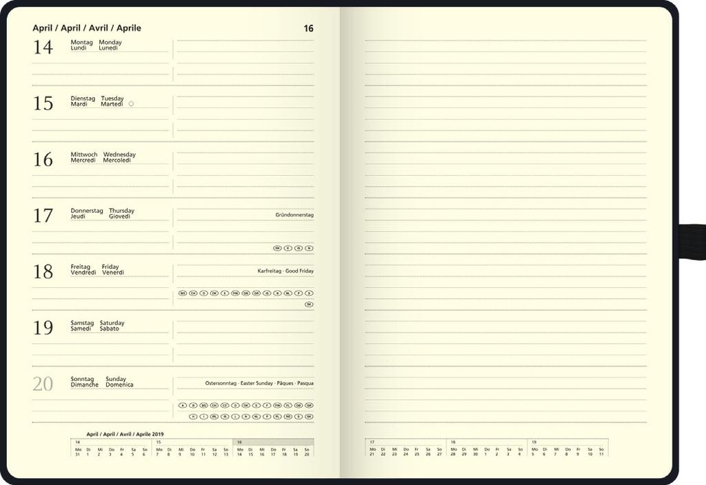 Buchkalender Modell 799 66 Kompagnon 14,8 x 21,0 cm Kalendarium 2 Seiten = 1 Woche D/GB/F/I einfarbig dunkelgrau 136 Seiten Fadenheftung, Gummizug und Stiftschlaufe (), Einstecktasche, runde Ecken,