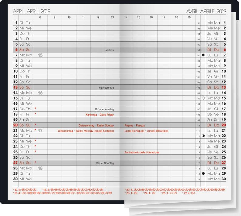x Taschenkalender Modell 745 8,7 x 15,3 cm Kalendarium 2 Seiten = 1 Monat, Stundeneinteilung von 8.00-19.